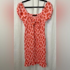 PinkBlush Maternity Pink & Red Flower Front Tie Smocked Fitted Dress Size L